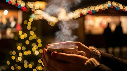 Woman holding a steaming cup of hot mulled wine at a festive christmas market. Enjoying a warm traditional drink during the cold winter holidays with beautiful bokeh lights - Powered by Adobe