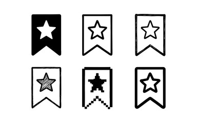 Naklejka premium Set of six star icons in various styles: sketch, pixel, outline, grunge, minimal, solid