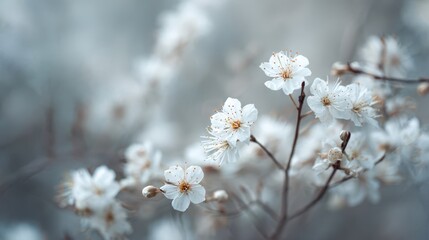 Obraz premium White cherry blossom flowers in soft focus with elegant pastel bokeh background, representing the cloud dancer color of the year 2026