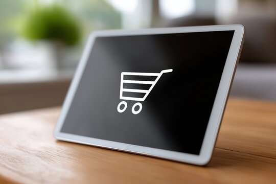 Digital tablet displaying floating shopping cart icon on a wooden table, symbolizing online shopping and modern technology with copy space
