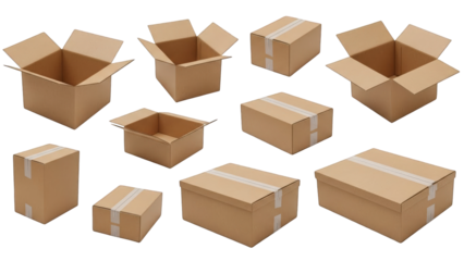 Set of brown cardboard shipping boxes and open packages on a white background illustration
