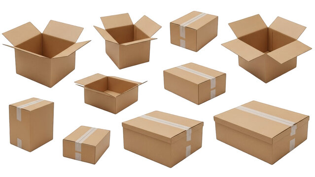 Set of brown cardboard shipping boxes and open packages on a white background illustration
