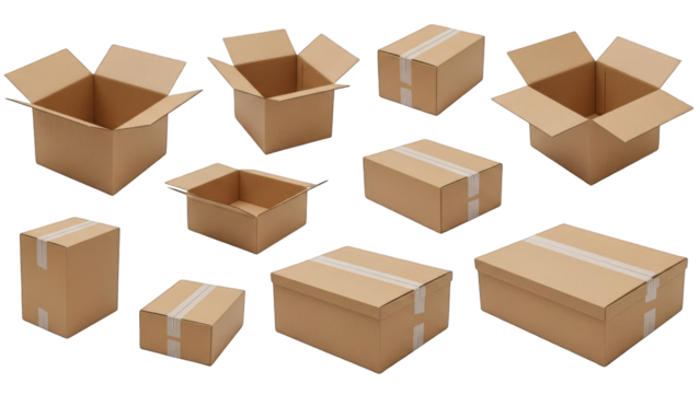 Set of brown cardboard shipping boxes and open packages on a white background illustration - Powered by Adobe