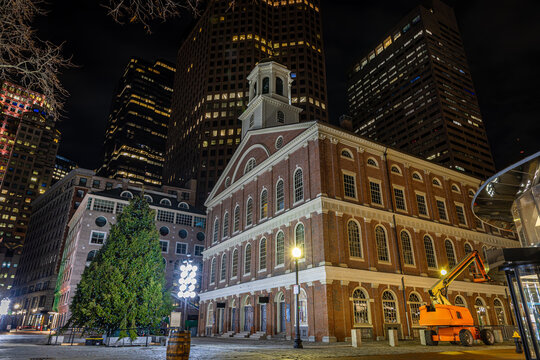 Faneuil Hall at Night with Holiday Decor in Downtown Boston
