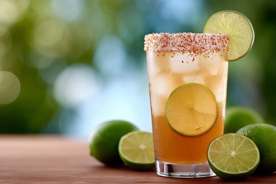 Close-up of a refreshing michelada glass with chili salt rim and lime slices, showcasing vibrant colors and textures in an upscale setting