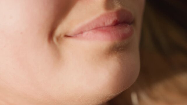 Closeup Caucasian Woman Lips Smiling, Soft Light Sculpts Skin Texture And Gentle Mouth Curve As Model Relaxes Minimal Makeup, Natural Pout Suggests Warmth, Confidence And Approachable Charm