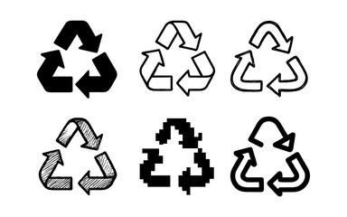 Obraz premium Diverse recycling symbols: sketch, pixel, and bold arrow designs