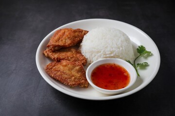 Fried chicken wings with rice and sweet chili sauce.