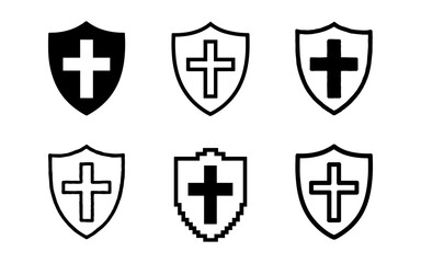Fototapeta premium Cross emblem shield designs: minimalist, pixel, outline, and brush variations