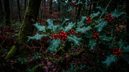 Lush green holly branch with vibrant red berries, glistening with tiny water droplets, stands out against a dark, blurred forest backdrop, evoking a natural winter or autumn mood