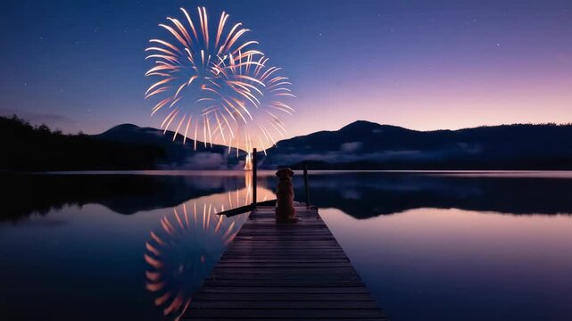 Triptych of a fireworks display over a calm mountain lake at night. Holiday celebration with colorful explosions reflecting in the water from a wooden dock perspective