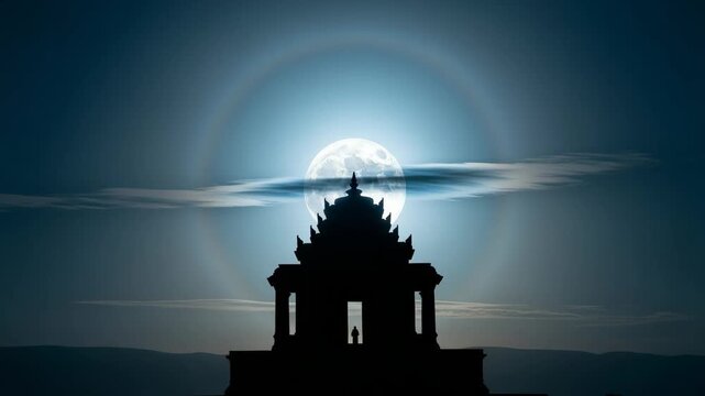 Mystical silhouette of an ancient asian temple under a full moon with a halo. Spiritual night sky panorama with a lunar rainbow over a sacred pagoda for travel concepts