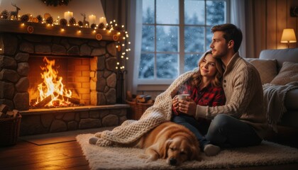 Cozy couple and their golden retriever dog relax by a warm fireplace on a snowy winter night, enjoying the festive ambiance and soft glow