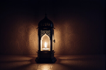 Glowing lantern for Mirac Kandili holy night. Islamic spiritual celebration concept.