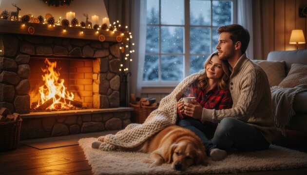 Cozy couple and their golden retriever dog relax by a warm fireplace on a snowy winter night, enjoying the festive ambiance and soft glow - Powered by Adobe