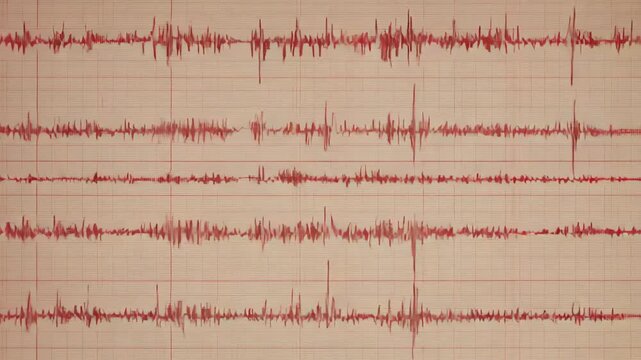 A seismogram recording of seismic activity showing earthquake wave measurements. Scientific data visualization for geology and earth science. Richter scale graph of ground motion