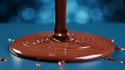 Melted chocolate pouring and spreading on a vibrant blue surface with bokeh background