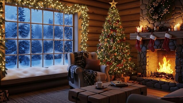 Cozy christmas cabin interior with a roaring fireplace, decorated christmas tree, and snowy window view, warm and inviting atmosphere. 164 characters.