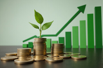 Concept of Indian economic growth and budget. Rupee coins and rising graph visualization.