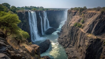 Water cascades down a large waterfall into a river below. Tall cliffs line the sides while greenery grows at the top. Sunlight brightens the scene showcasing natural beauty.