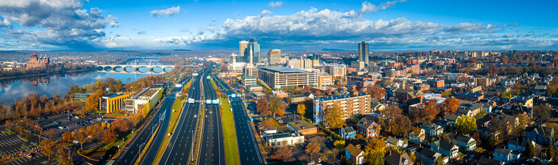 Downtown Springfield Massachusetts Skyline and Highway Aerial