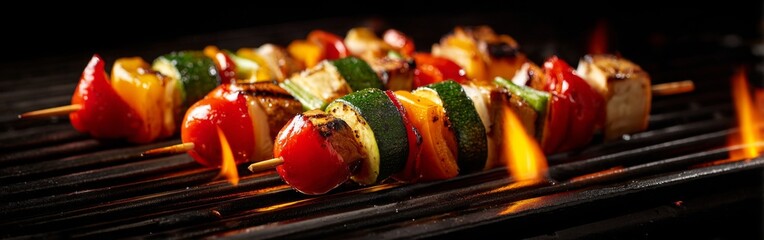 Grilling Vegetable and Meat Skewers on an Outdoor Barbecue During a Summer Evening Gathering