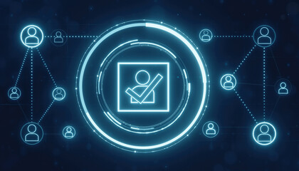 Networking and Verification: A network of interconnected icons suggesting global connections and authentication, with a central figure symbolizing validation and approval.