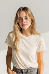 Fototapeta premium Young Woman Posing for a Casual Portrait Wearing a Light Shirt and Looking Directly at the Camera With a Relaxed Expression