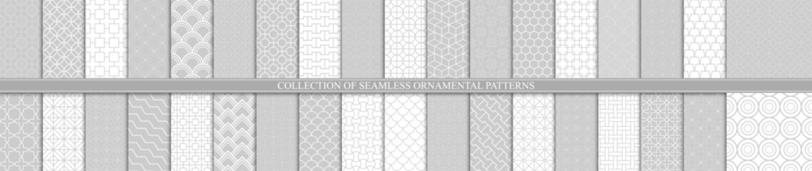 Collection of vector gray seamless geometric ornamental patterns. Oriental monochrome elegant backgrounds. Symmetric prints - repeatable textures
