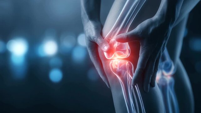 Close-up of a person holding painful knee with highlighted joint anatomy, futuristic blue background knee pain, joint inflammation, arthritis, orthopedic health, sports injury, med