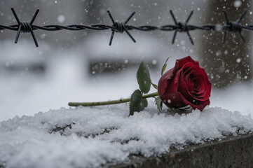 Red rose on memorial stone for remembrance. Sorrowful tribute concept.