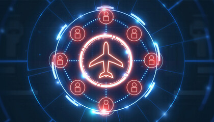 Airplane Connectivity: A futuristic illustration depicts an airplane at the core, surrounded by connected users, symbolizing the ease and reach of modern aviation. 