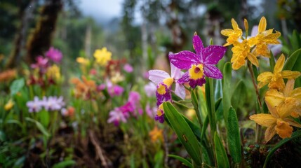 Various flowers bloom in different colors including purple and yellow under sunlight in a vibrant garden setting. The scene shows lush greenery and distant mountains.