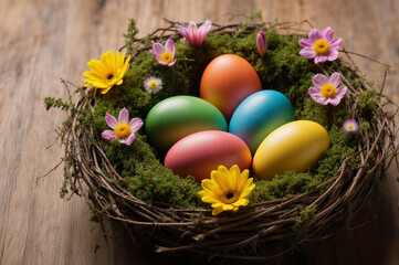 Rustic Easter nest with colorful eggs. Traditional spring holiday decoration.