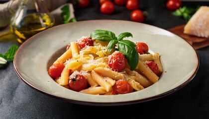 Delicious Pasta With Cherry Tomatoes And Basil Topped With Parmesan Cheese
