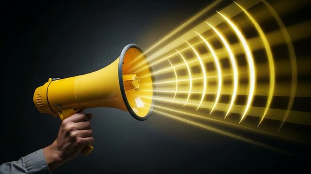 Hand holding a yellow megaphone for a public announcement or important alert. Communication and marketing concept with sound waves for advertising, promotion and broadcasting