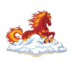 A glowing red fire horse rests proudly on a cloud surrounded by warm light.