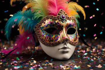 Colorful carnival mask with feathers. Festive masquerade party concept.