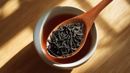 Dry Black Tea Leaves in Wooden Spoon Over Brewed Tea in Ceramic Bowl on Wooden Table