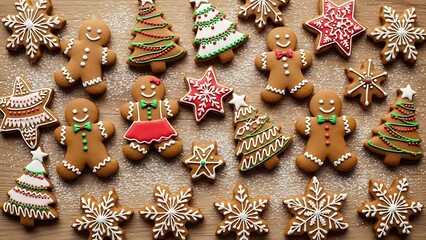 Homemade decorated Christmas gingerbread cookies on a wooden background with icing and sugar