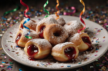 Traditional carnival donuts with confetti. Fasching party food concept.