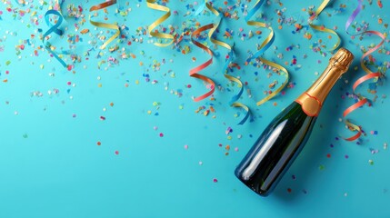 A champagne bottle sits on a blue surface surrounded by colorful confetti and streamers. This scene captures a festive moment of celebration perfect for parties and events.