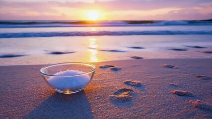 A bowl of pure sea salt on a beach with footprints being washed away by the tide. Conceptual metaphor for spiritual cleansing, purity, and the passage of time at sunrise