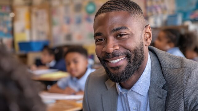 A teacher smiles while engaging with students in a classroom. Children are focused on their work at desks. The setting is a bright and busy school environment. - Powered by Adobe
