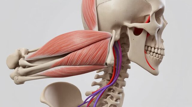 Anatomical illustration of the human triceps brachii lateral head tendon and skull structures