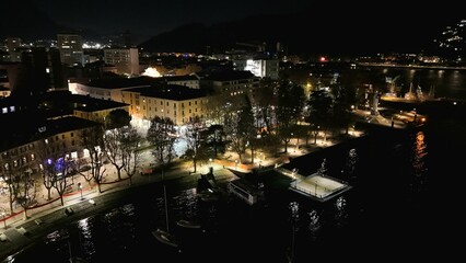 Night Aerial View of Lecco Lakeside – Christmas Lights Along the Waterfront