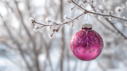 A pink ornament dangles from a branch covered in frost. The background shows a snowy scene. This setting captures the essence of winter festivities and natural beauty.