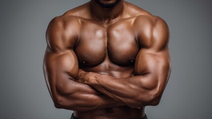 Fototapeta premium A man shows his muscular physique with crossed arms. The setting is simple allowing the focus to be on his strength and fitness. The lighting highlights his muscles.