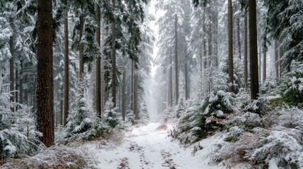 Snow falls lightly over a forest path surrounded by tall trees. The ground is covered with snow and the air appears misty. The scene is focused on nature in winter.