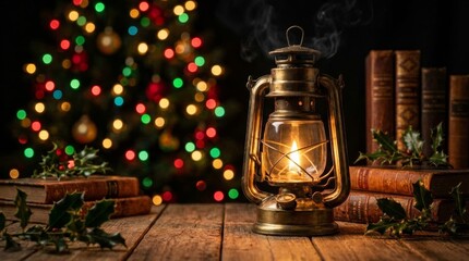 Vintage brass oil lantern with a glowing flame sits on a rustic wooden table with old books and holly, with a festive Christmas tree bokeh background